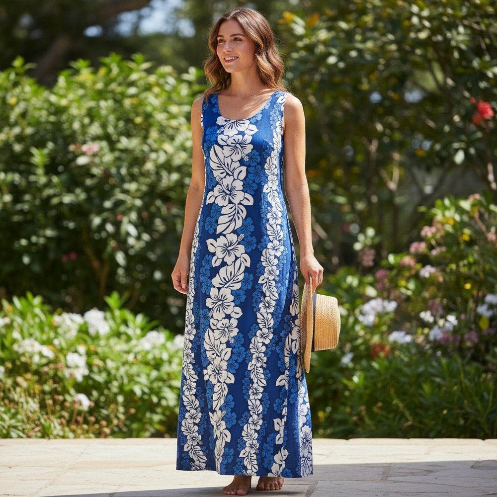 KY'S International Fashion Blue White Hibiscus Floral Maxi Dress Made in Hawaii